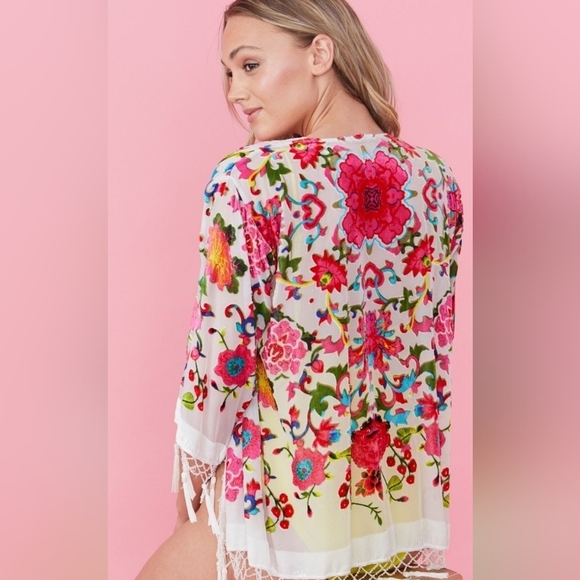 Jayley Silk Floral Kimono Cream White devore Jacket Coverup with Tassels Onesize - Picture 3 of 16
